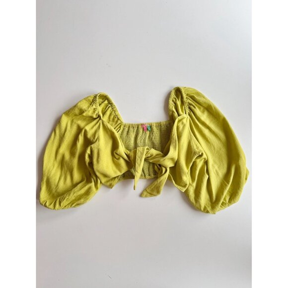FARM RIO Chartreuse Green Linen Front Tie Puff Sleeve Crop Top Blouse, Size PP - Picture 8 of 15